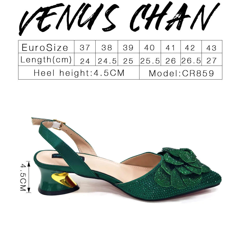 Italian Design Evening Shoes And Bags Paired With Handmade Petal Gold Colour Pointed Toe Mid-Heel Shoes For Women Party Shoes
