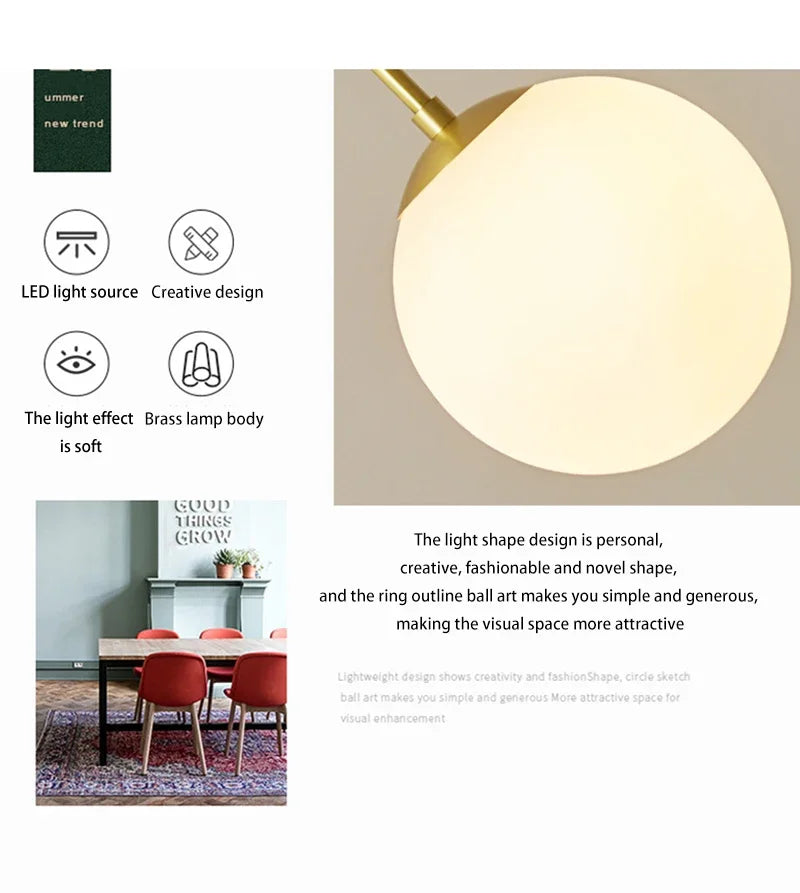 LED Glass Ball Pendant Lamp Nordic Chandelier Lights Home Indoor Dining Room Restaurant Bar Table Decor Hanging Suspension Lamp