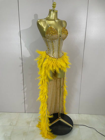 Sparkly Rhinestones Feathers Long Tail Bodysuits Sexy Mesh Transparent Stage Dress Evening Party Celebrate Luxury Birthday Dress