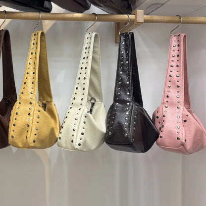 Punk Style Rivet Design Soft Leather Underarm Bags Women Solid Color Casual Shoulder Bag Large Capacity Lady Handbags bolsas