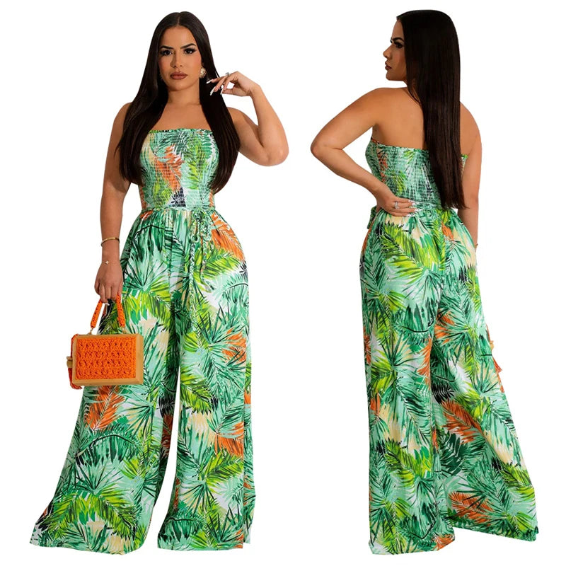 Elegant Print Jumpsuits for Woman Romper Sleeveless Backless Strapless High Waist Loose Straight Wide Leg Jumpsuit Club Clothing