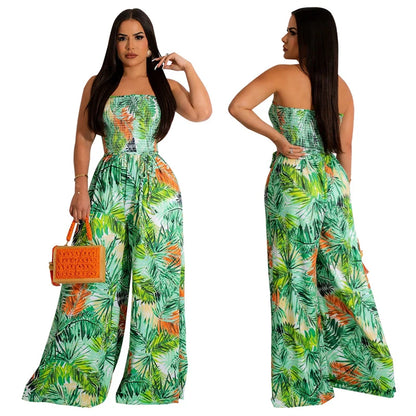 Elegant Print Jumpsuits for Woman Romper Sleeveless Backless Strapless High Waist Loose Straight Wide Leg Jumpsuit Club Clothing