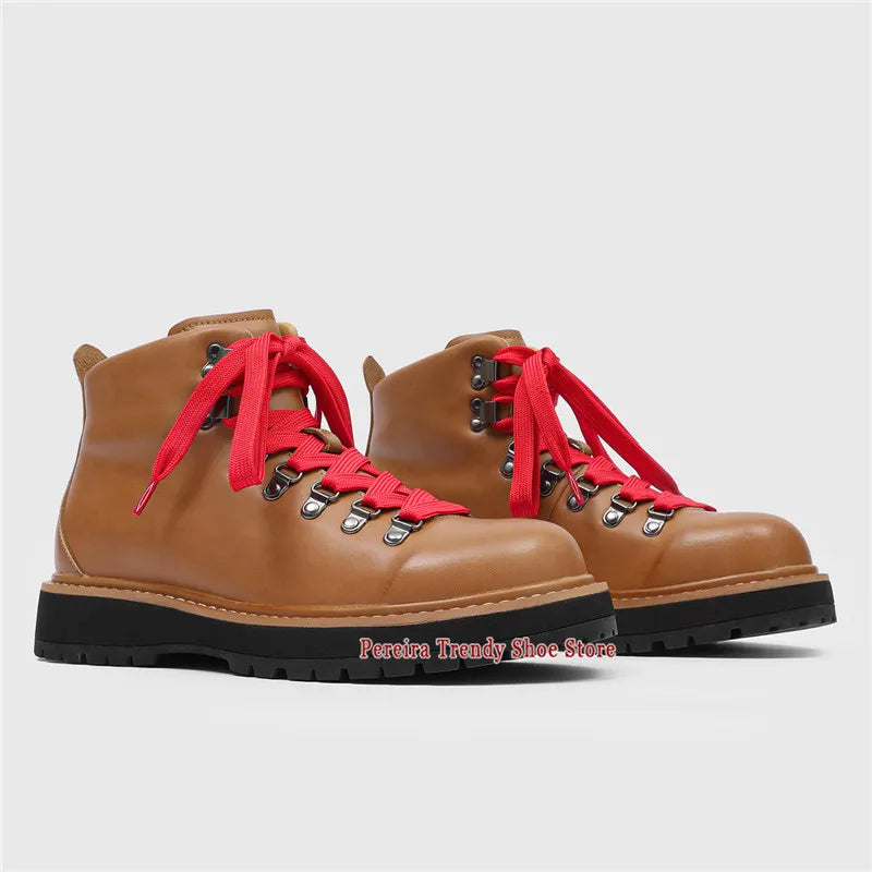 Brown Suede Platform Motorcycle Boots for Men Retro Thick Soled Round Toe Lace-Up Ankle Boots Autumn Winter New Men's Shoes