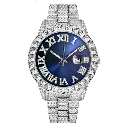 Luxury Fashion Hip Hop Men's Wristwatch, Roman Numeral Dial, Round Rhinestone Date Display,Men's Business Quartz Watch Clock