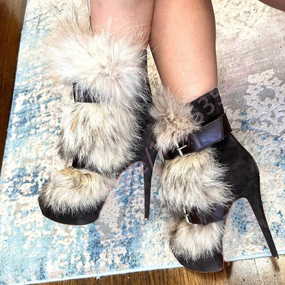 Winter Platform Belt Buckle Soft Fur Short Boots Fashion Show Party Casual Furry Boots New Sexy Women's Stiletto Warm Boots