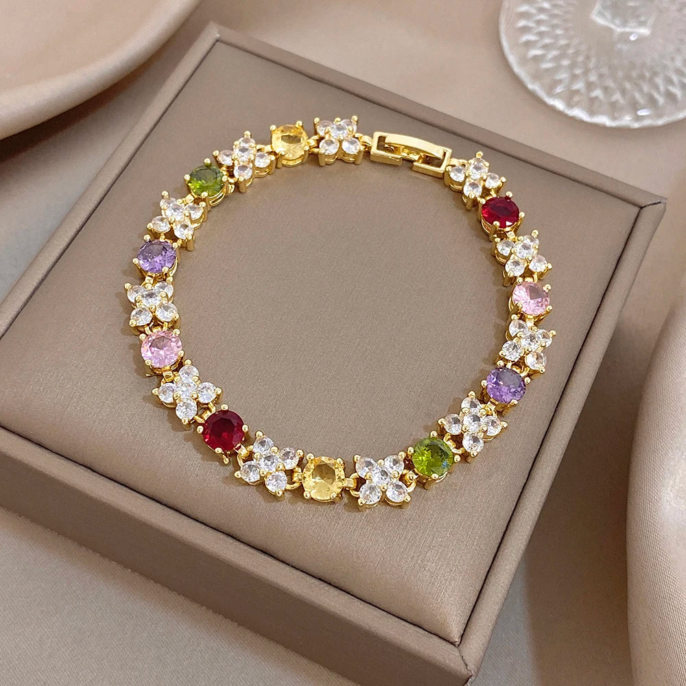 Greatera Flower Colorful Cubic Zircon Filled Decoration Women's Bracelet Delicacy Wear Party Wrist Bangle European American New