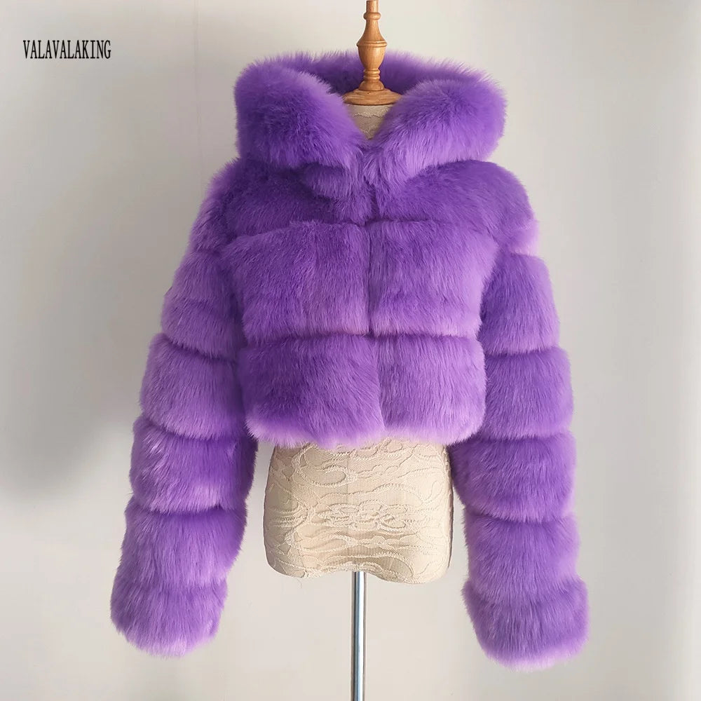 2026 Women Winter Plus Size Faux Fur Croped Coat Female Furry Hooded Long Sleeve Plush Jacket Lady Fake Fur Warm Fluffy Cardigan
