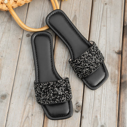 Glitter Bling Women Slippers Summer New Flat Beach Slippers Women Outdoor Luxury Sandals Designer Plus Size Shoes Slides Women