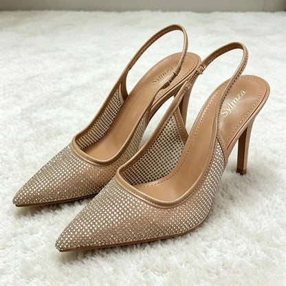 Luxury Designer Rhinestone Heeled Sandals Women Sexy Pointed Toe Mesh Breathable Thin High Heels Elegant Party Dress Pumps Shoes