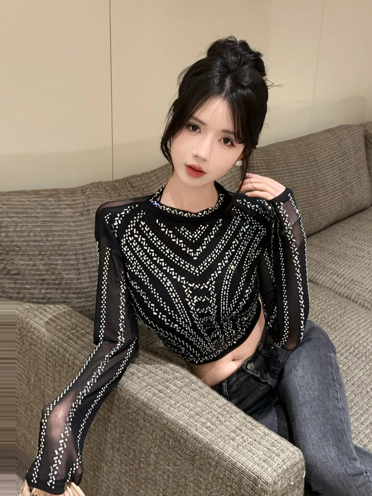Heavy Duty Rhinestone Short Crop Mesh Long Sleeve T-Shirt round Neck Overhead Slimming Top for Young Women Daily Wear