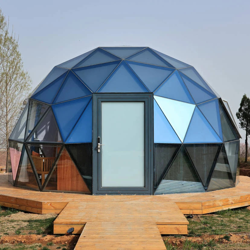 Hexagonal Tempered Glass Dome House, Geodesic Igloo Tent with Aluminum Frame, Luxury Outdoor Resort Round Camping Hotel Shelter