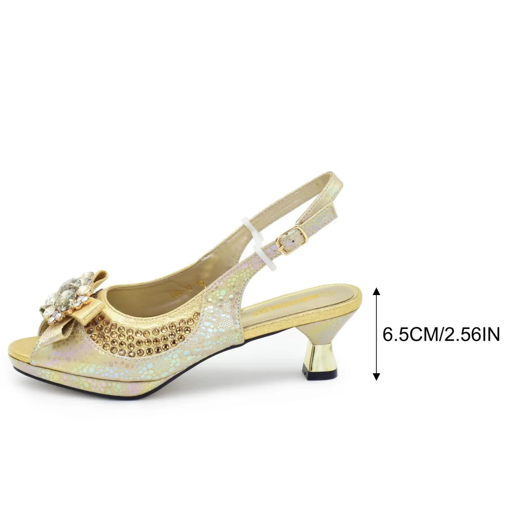 Nigerian Heel Party for Women Gold Color Shoes and Bag Set Rhinestone Handbag Italian Design Wedding Pumps Women Shoes Luxury