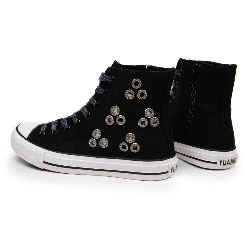 Breathable Hollow Canvas Short Boots Summer Women Black Casual Shoes Punk Rivet Flat Bottomed Shoes 2CM Woman High top Sneakers