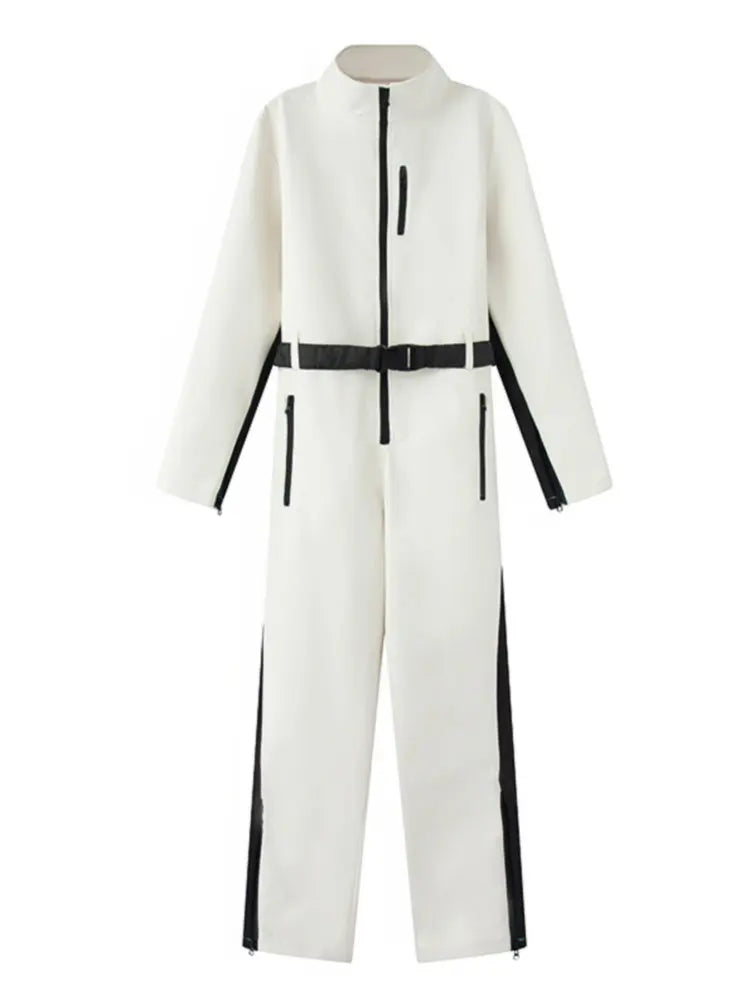 2026 Women's Elegant Skateboard One-piece Fleece Warm Bodysuit Belted Female Long Sleeve Windproof Patchwork Skiing Jumpsuits