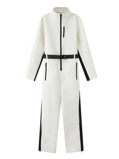 2026 Women's Elegant Skateboard One-piece Fleece Warm Bodysuit Belted Female Long Sleeve Windproof Patchwork Skiing Jumpsuits