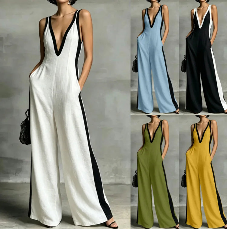 2026 summer new fashion women's V-neck sleeveless contrasting color suspender wide-leg jumpsuit