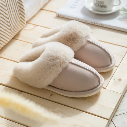 2025 Winter Warm Home Fur Slippers Women Luxury Faux Suede Plush Couple Cotton Shoes Indoor Bedroom Flat Heels Fluffy Slippers