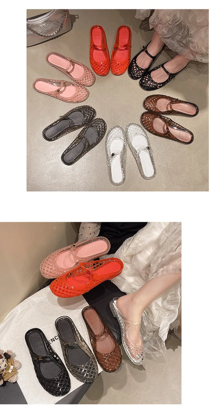 Women's Light Luxury Crystal Jelly Mary Jane Flat Sandals Hollow-out Breathable Closed Toe Summer Casual Non-slip Slip-on Shoes