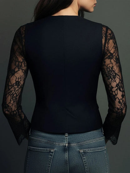 Elegant Sexy V Neck Lace Patchwork Women's Shirt Top See Through Long Sleeve Trendy Hollow out Single Button Slim Tops Blazer