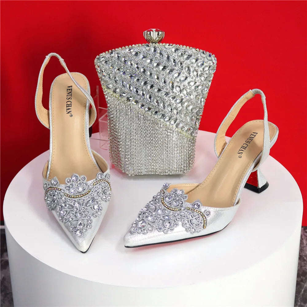 Exquisite 2024 Elegant Woman High Heels Peep Toe Shandals with Rhinestone Italian Design Shoes and Bags Set for Party