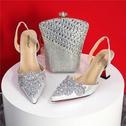 Exquisite 2024 Elegant Woman High Heels Peep Toe Shandals with Rhinestone Italian Design Shoes and Bags Set for Party