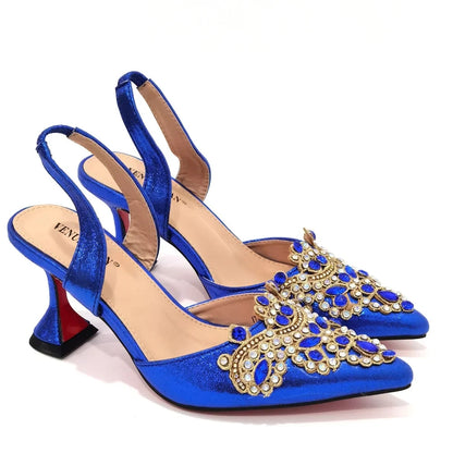 Exquisite 2024 Elegant Woman High Heels Peep Toe Shandals with Rhinestone Italian Design Shoes and Bags Set for Party