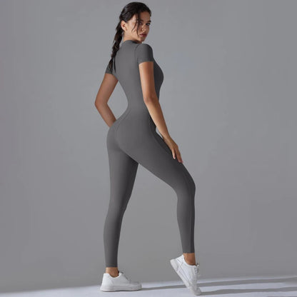 Womens Jumpsuits Short Sleeve Yoga Slim Fit Stretch One Piece Romper Sexy Fitness Female Basic Sportwears Black Zipper Ladies