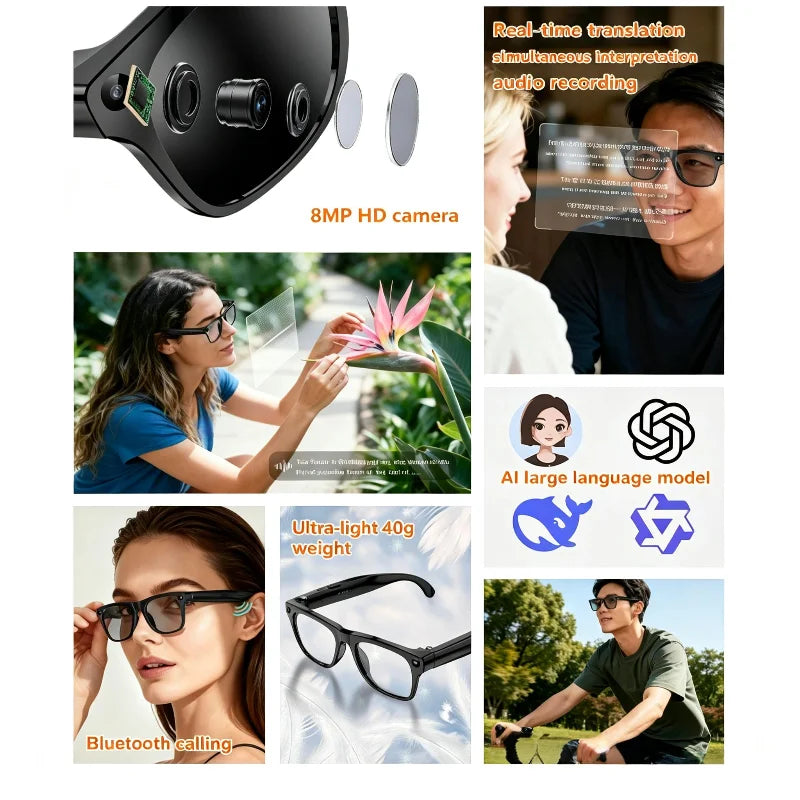 AI Smart Shooting Glasses with 8MP HD Camera AI Translation Bluetooth Call Video Record Music Playback Multi-functional Fashion