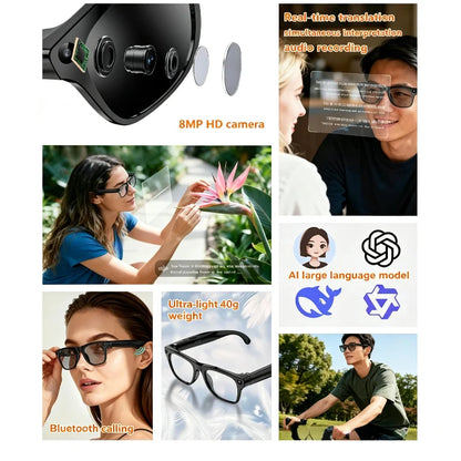 AI Smart Shooting Glasses with 8MP HD Camera AI Translation Bluetooth Call Video Record Music Playback Multi-functional Fashion