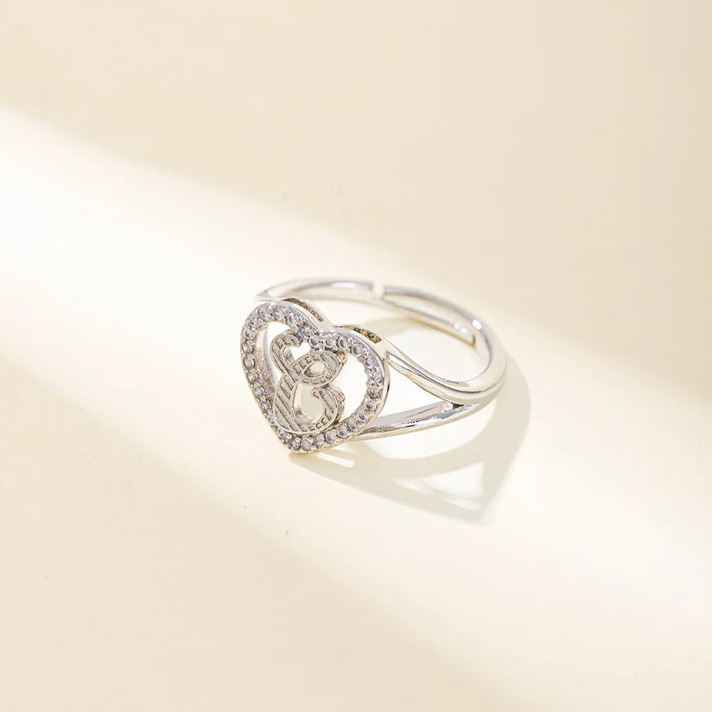 White Zircon 26 Letters A-Z Love Heart Open Adjustable Rings For Women Gold Silver Color Wedding Band Jewelry Mother's Day Gifts