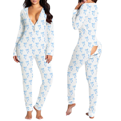 Combhasaki Women Sleeping Rompers Pajamas  Long Sleeve V-Neck Printed Slim Detachable Crotch Elastic Homewear Jumpsuits