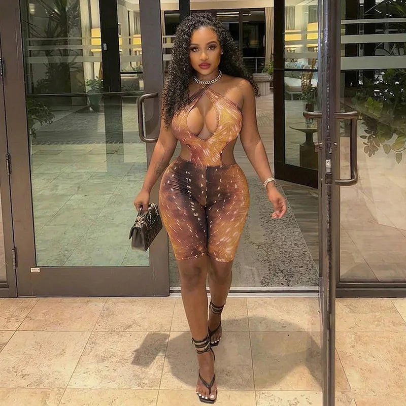 FAGADOER Deer Print Sexy Hollow Out Romper Hot Girl Bandage Halter Shorts Backless Bodycon Jumpsuits New Trendy Streetwear