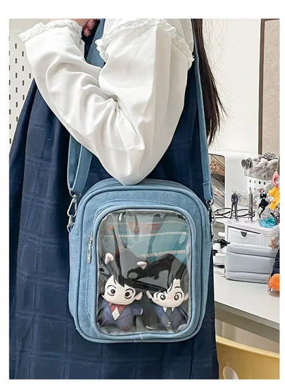 New Denim Ulzzang Ita Bags Female Transparent Badge Doll Show Crossbody Shoulder Bag Individuality Designer 2 Sides Bolso Mujer
