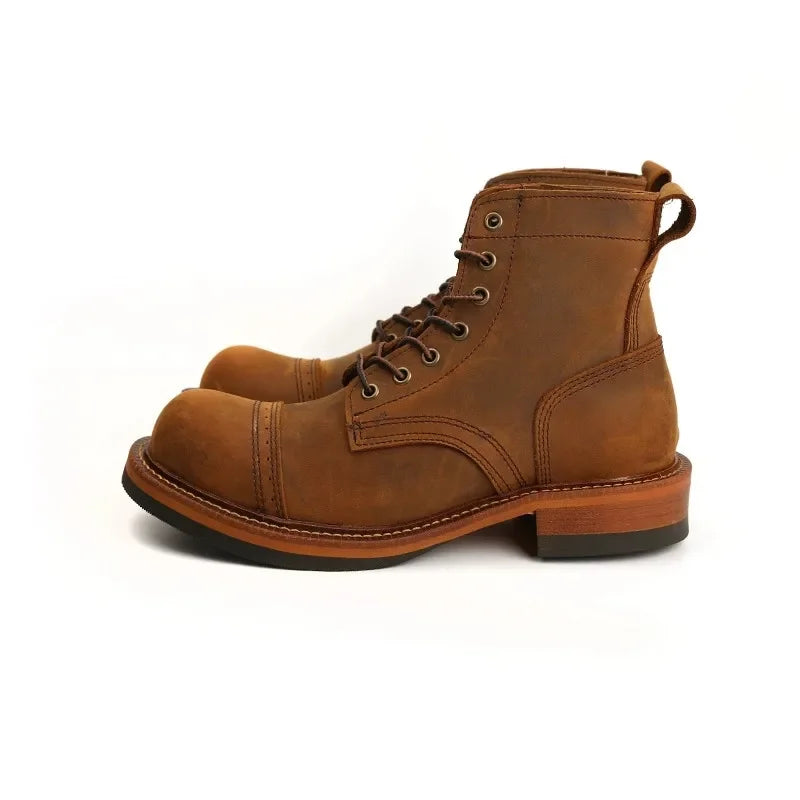 Vintage British High Quality Handmade Men Boots Cow Leather Round Toe Wedge Ankle Boots Spring Winter Tooling Motorcycle Boots