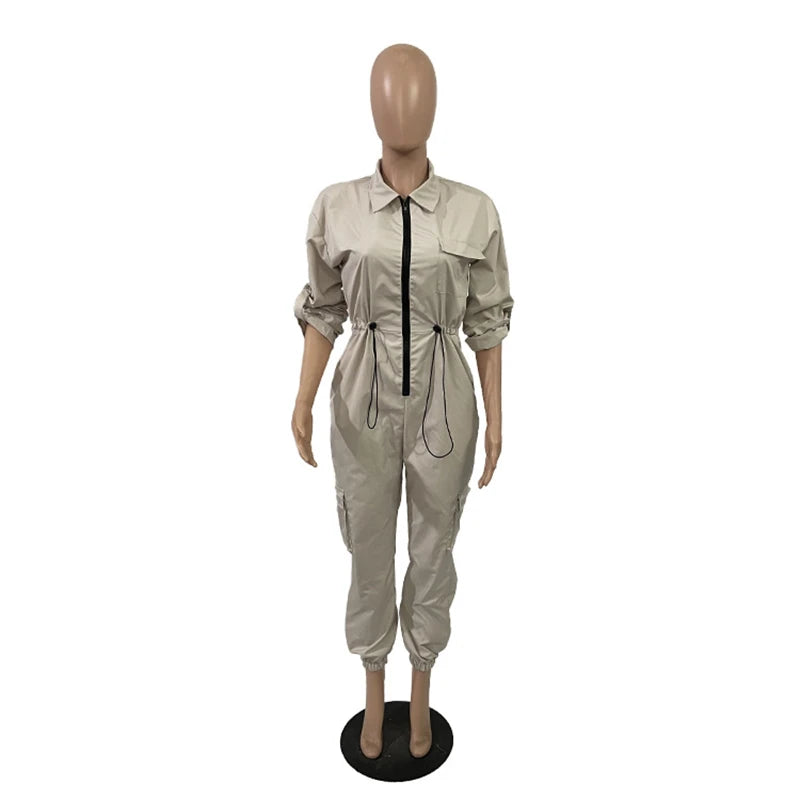 Fashion Cargo Jumpsuits Autumn Clothing Women 2026 Full Sleeve Zip Up Pockets Long Rompers Playsuits One Pieces Overalls Outfits