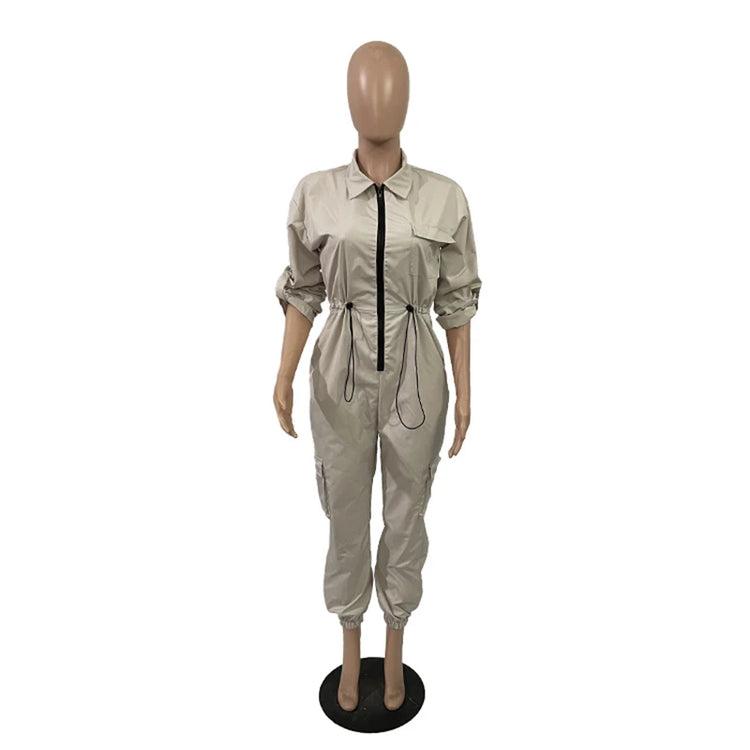 Fashion Cargo Jumpsuits Autumn Clothing Women 2026 Full Sleeve Zip Up Pockets Long Rompers Playsuits One Pieces Overalls Outfits