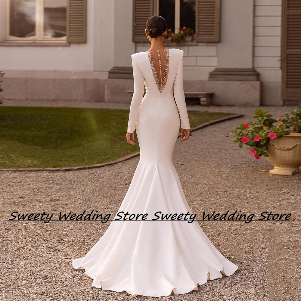 Jiayigong Stretch Jersey Wedding Dresses Customized Long Sleeves Beading Sweep Train Illusion Back Mermaid Bridal Gown