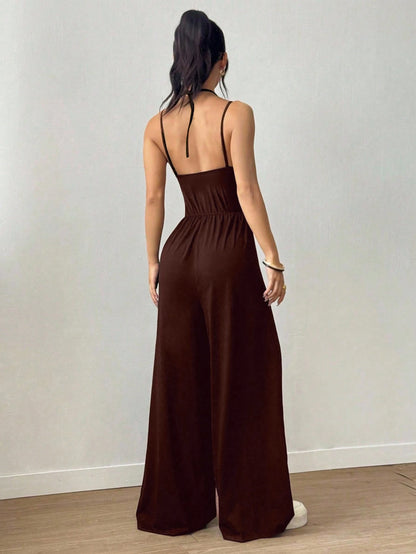 Women's Sleeveless Halter Jumpsuit - Ruched Waist, Wide Leg Pants, Soft Casual One-Piece Romper for Daily Wear