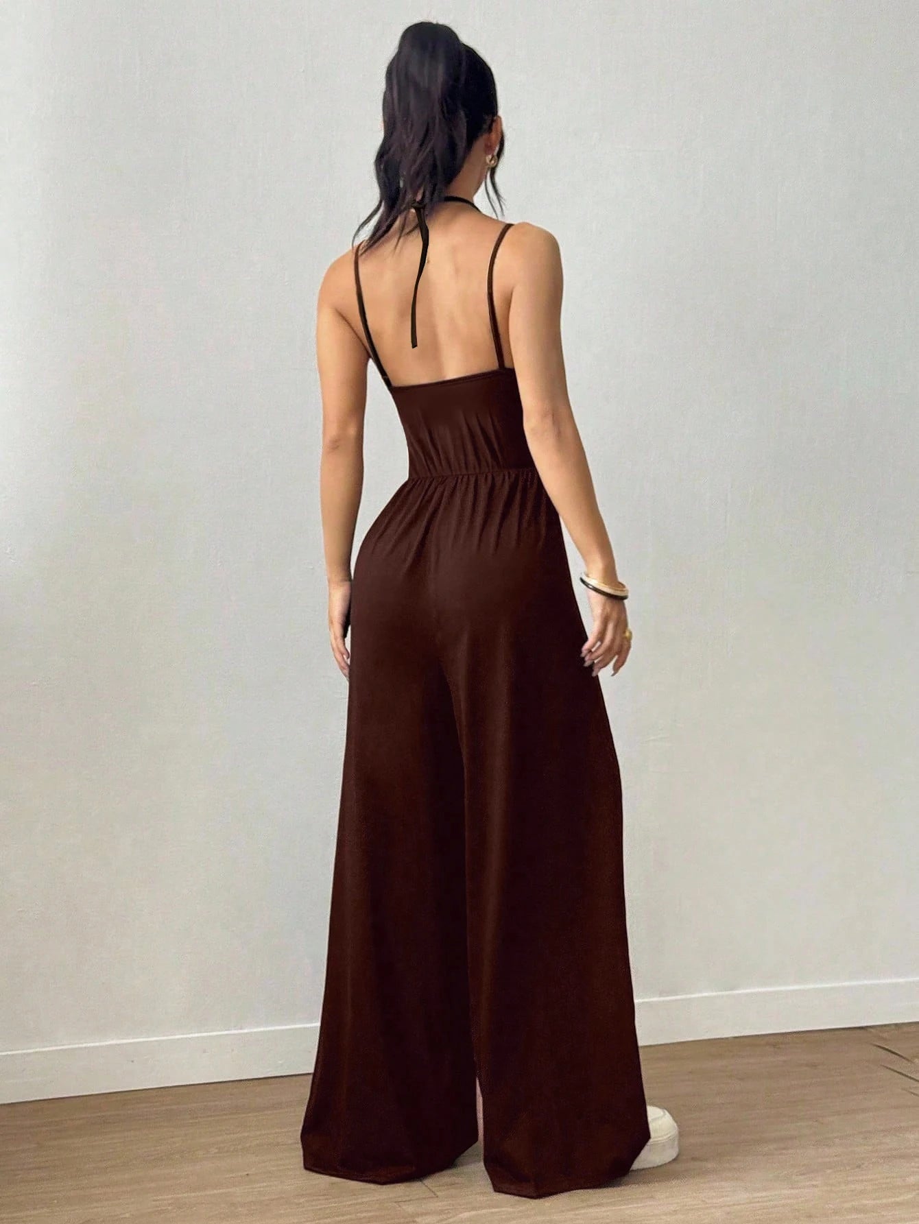 Women's Sleeveless Halter Jumpsuit - Ruched Waist, Wide Leg Pants, Soft Casual One-Piece Romper for Daily Wear