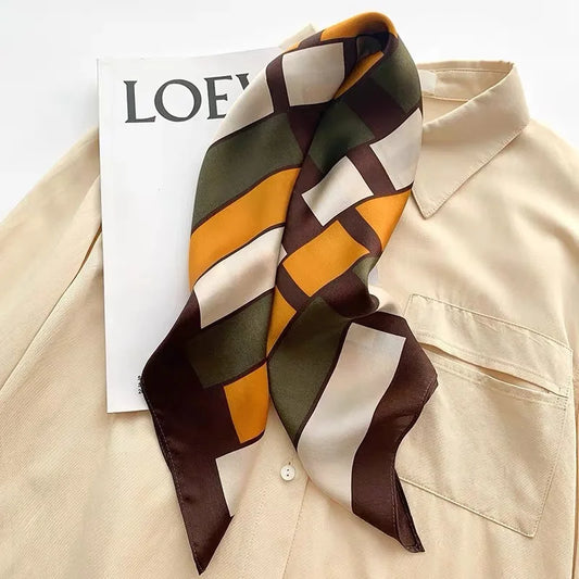 Retro Geometric Print Satin Silk Scarf for Women 65cm Square Neck Scarf Headband Bag Accessory Elegant Office Neckerchief