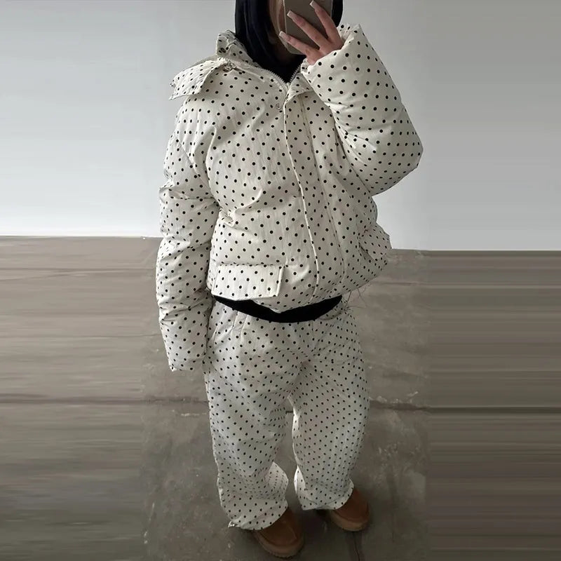 Polka Dots Hooded Cotton Coats Trousers Set 2026 Winter Loose Zippers Drawstring Jacket Elastic Waist Pants Women's Warm Outfits