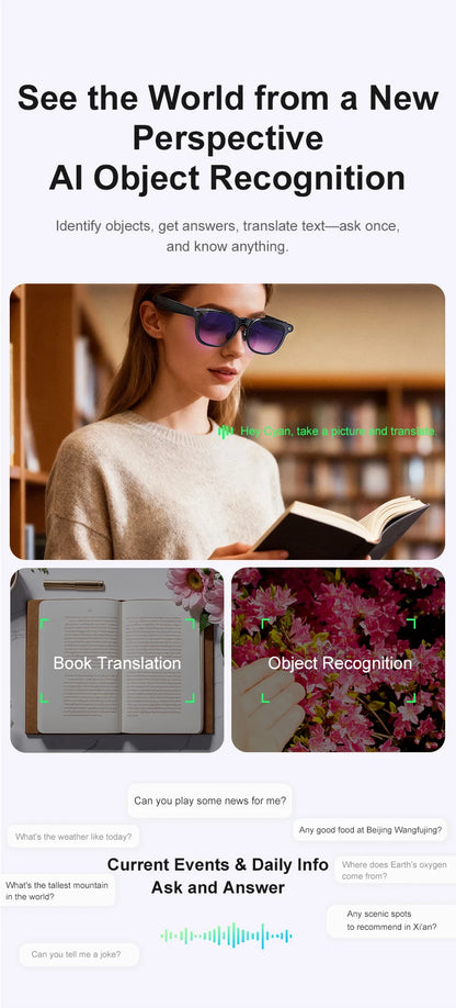 AI Smart Glasses 800W HD Camera Photo Video Record Voice Assistant Real-time Translation Waterproof Chat GPT Music Smart Glasses