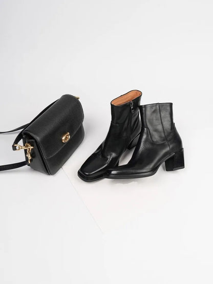 Elegant Office Ladies Chunky Heels Genuine Leather Short Boots Square Toe New Designer Shoes Women Vintage Cowhide Ankle Boots