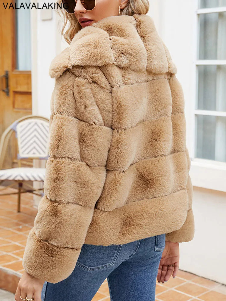 2026 Autumn Winter Turndown Collar Faux Fur Coat Women Casual Long Sleeve Fluffy Plush Jacket Khaki Thick Fake Fur Warm Cardigan