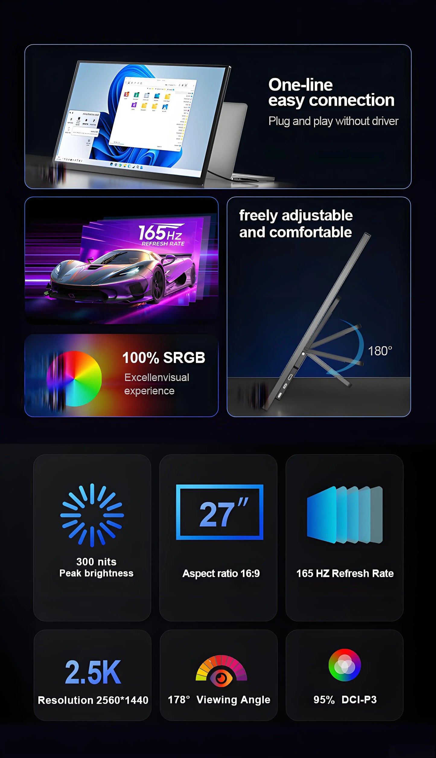 SIBOLAN 27 inch 165Hz Portable Monitor 2K 2560*1440P IPS Gaming Second Screen with USB C HDMI Port for PC Laptop PS5 Switch