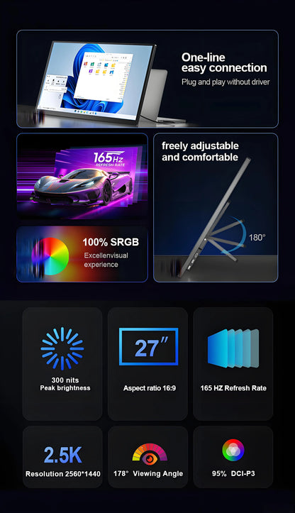 SIBOLAN 27 inch 165Hz Portable Monitor 2K 2560*1440P IPS Gaming Second Screen with USB C HDMI Port for PC Laptop PS5 Switch