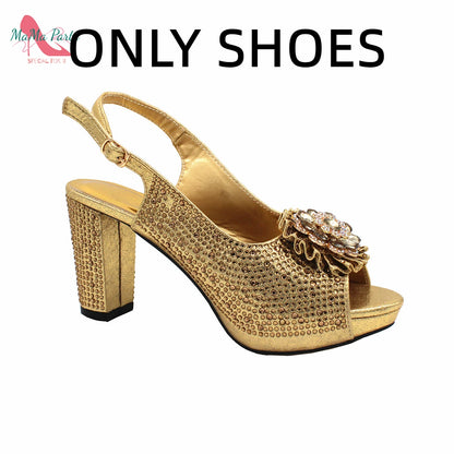 Buckle Strap Sandals Nigerian Women Shoes and Bag Set in Yellow Color with Shinning Crystal Italian Lady Shoes and Bag for Party