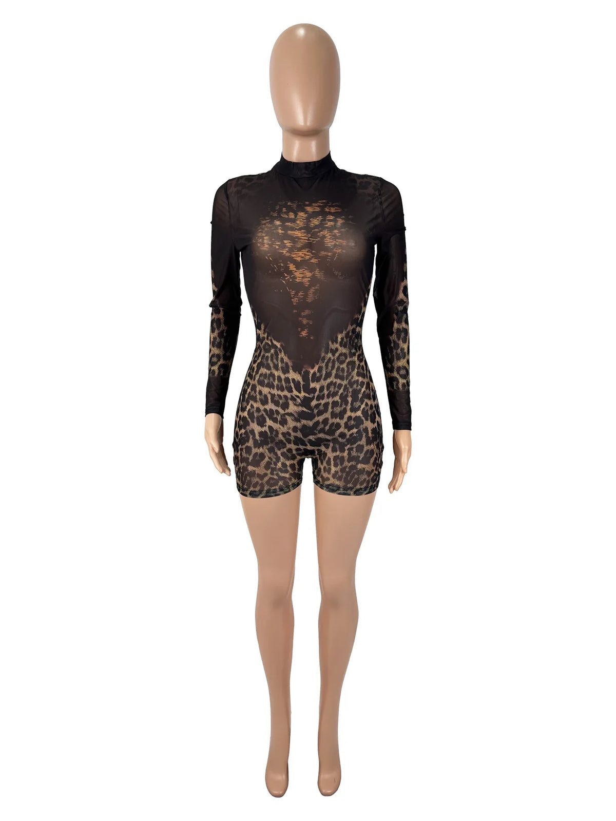 D9551 European and American Women's sexy Leopard Print Mesh Print See through Long-Sleeved Round Neck Jumpsuit Shorts