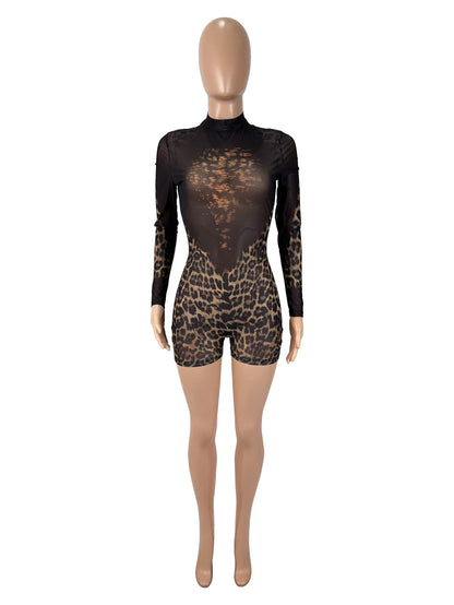 D9551 European and American Women's sexy Leopard Print Mesh Print See through Long-Sleeved Round Neck Jumpsuit Shorts