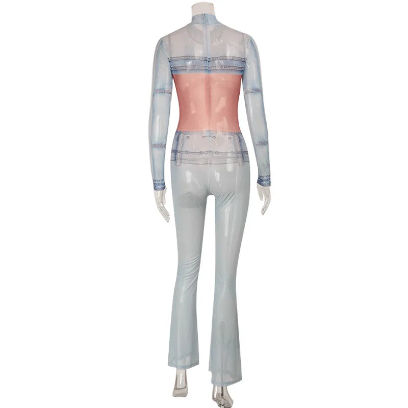 Sexy Denim Print Mesh Jumpsuit Women Chic Sheer Body Silhouette Rompers Elegant Long Sleeve Party Festival Clubwear Outfits 2026